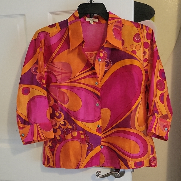 Choices Jackets & Blazers - Choices SzXL Sheer Vibrant Pink,red,Orange sleeve 1970s mod vibe Blouse/Jacket